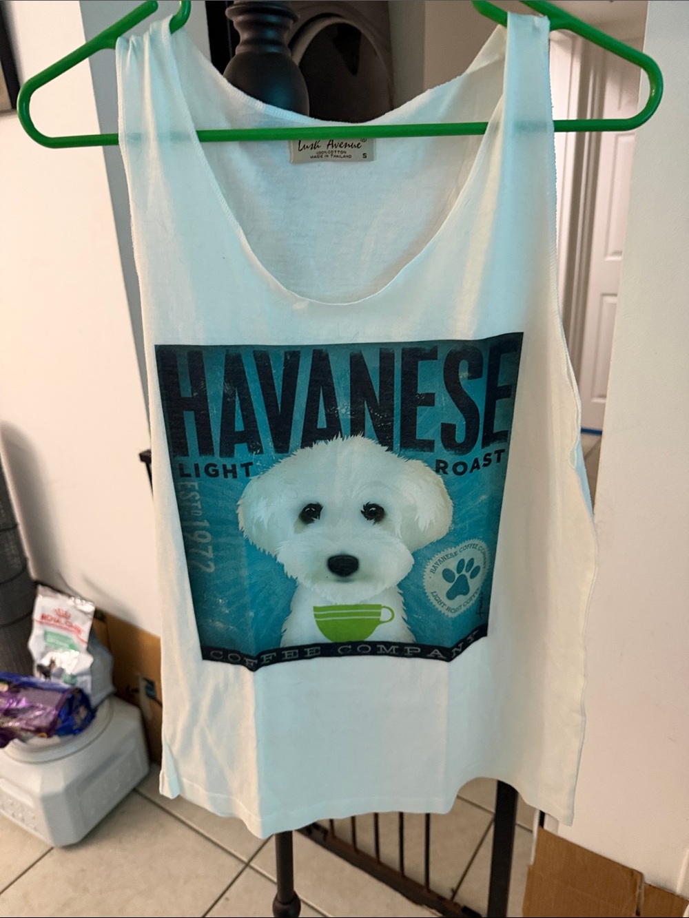 Avenue White Tank Top with Blue Havanese Dog Graphic